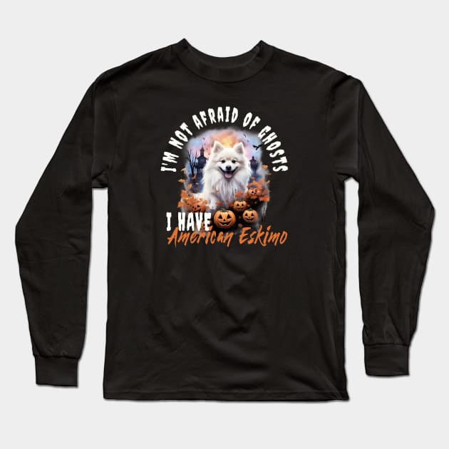 American Eskimo Dog Ghost Guardian Vintage Halloween Funny Long Sleeve T-Shirt by Sniffist Gang